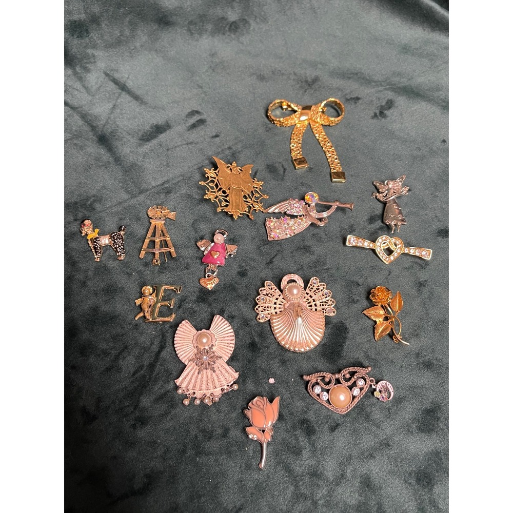 Vintage Brooch Pin Lot 14pc Angels Etc Gold Silver Tone Mixed